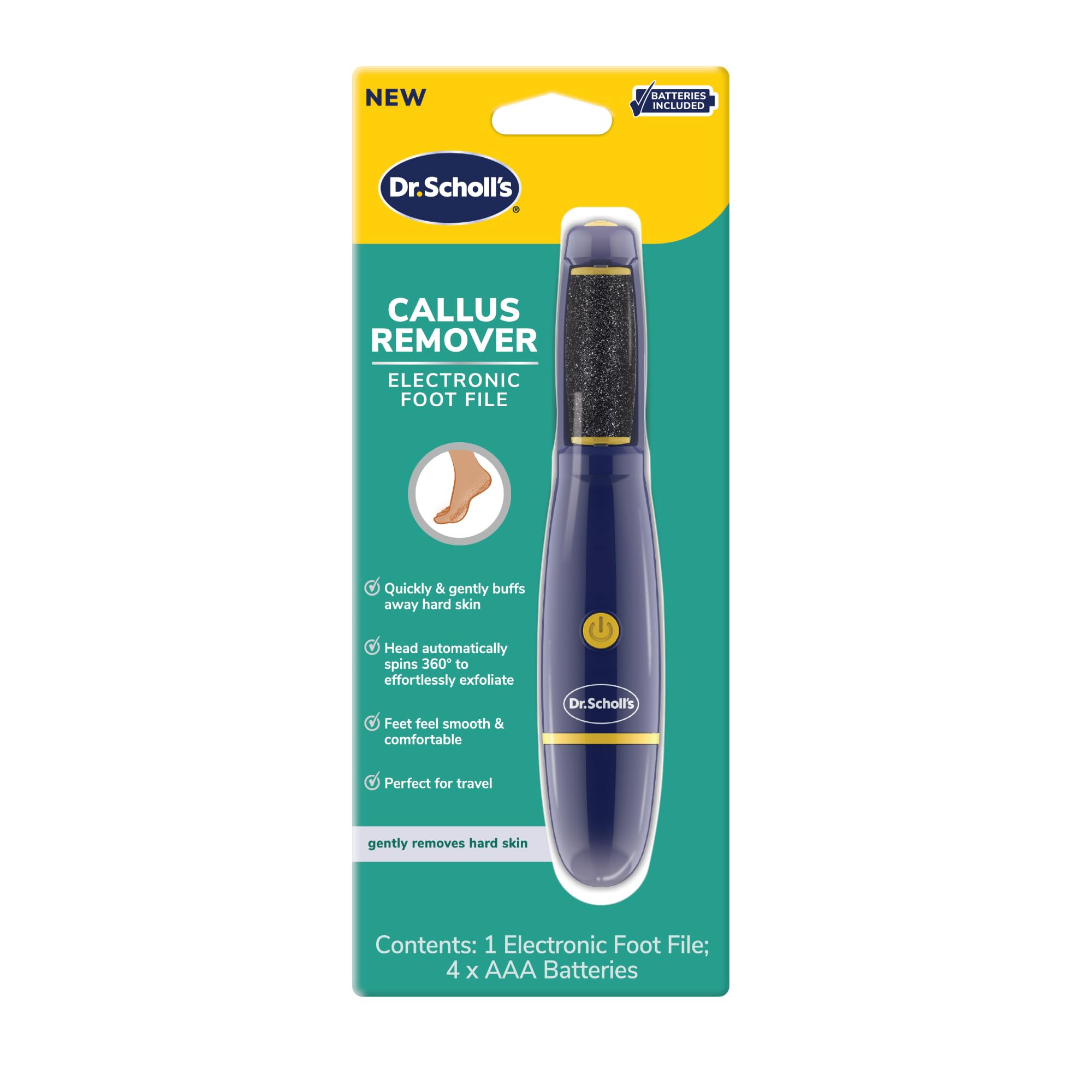 Dr. Scholl's Callus Remover Electronic Foot File, Electric Hard Skin Removal for Feet, Effortless Soft Smooth Skin in Minutes, Perfect for Travel, for Women & Men, AAA Batteries Included