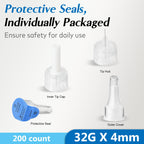 Pen Tips 32G x 4mm, Universal Fit, 200 Count, Extra-Thin, Comfortable