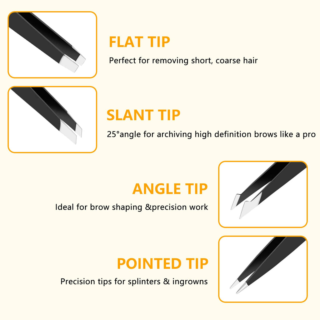 DTDNZKN 4 PCS Stainless Steel Tweezers Set Black | Precision Tweezers for Ingrown Hair, Facial Hair, Splinter, Blackhead and Tick Remover