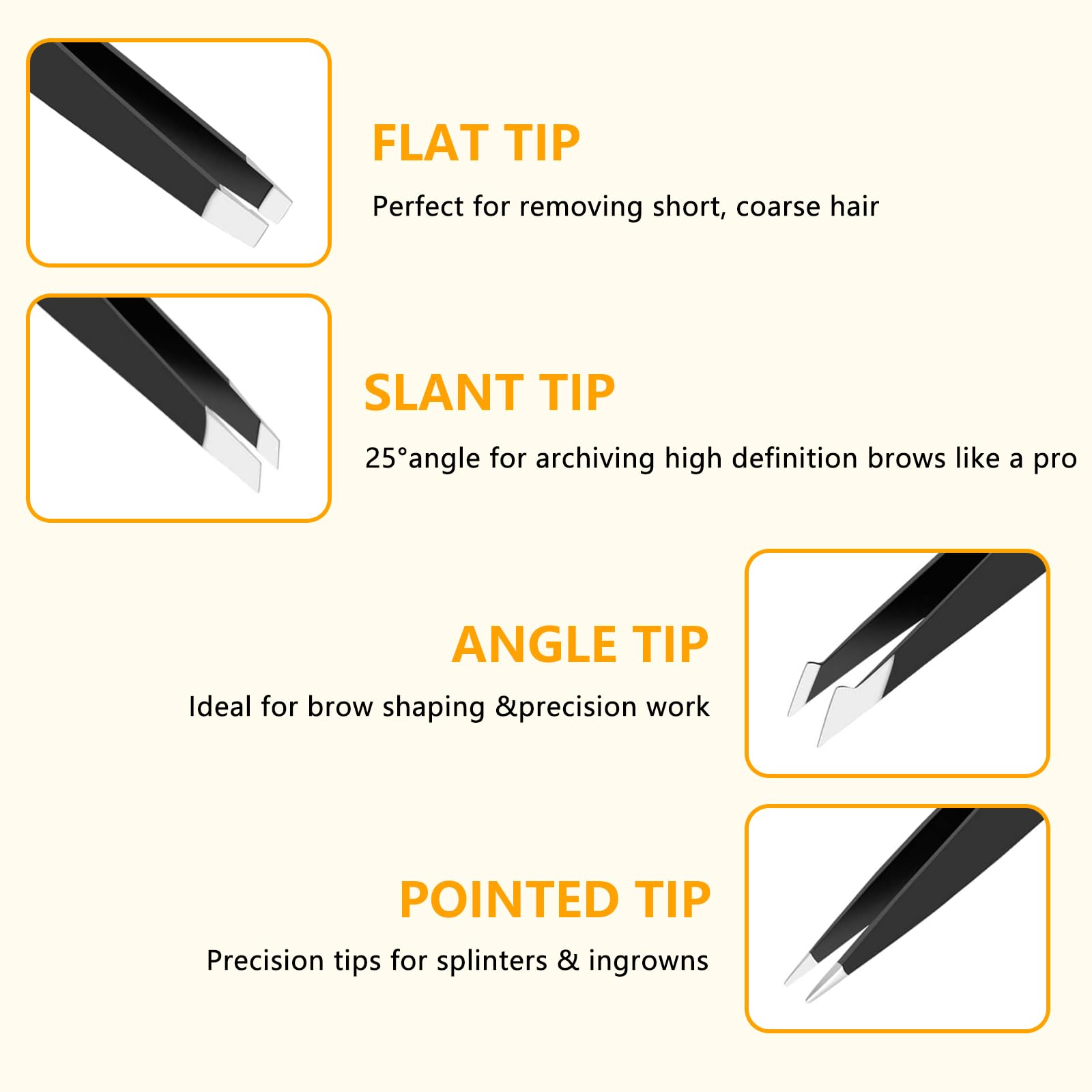 DTDNZKN 4 PCS Stainless Steel Tweezers Set Black | Precision Tweezers for Ingrown Hair, Facial Hair, Splinter, Blackhead and Tick Remover