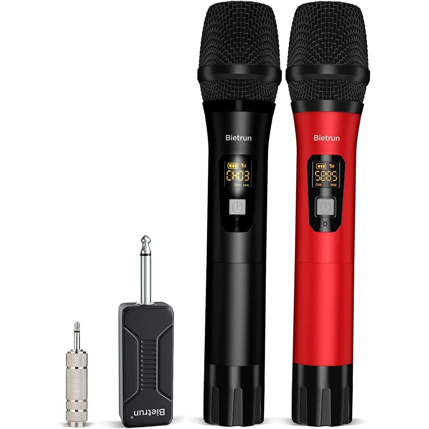 Buy now Bietrun Wireless Microphone, Professional UHF Metal Dual Handheld Cordless Dynamic Mic System Set with Rechargeable Receiver, 1/4‘’Output, Plug and Play, Instrument-Wireless-Mics for Karaoke, Wedding Black Red at indiglob india