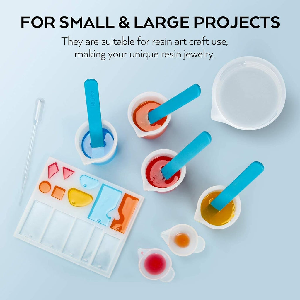 Buy now Silicone Resin Measuring Cups Tool Kit- Nicpro 250 & 100 ml Measure Cups, Silicone Popsicle Stir Sticks, Pipettes, Finger Cots for Epoxy Resin Mixing, Molds, Jewelry Making, Waxing, Easy Clean at indiglob india