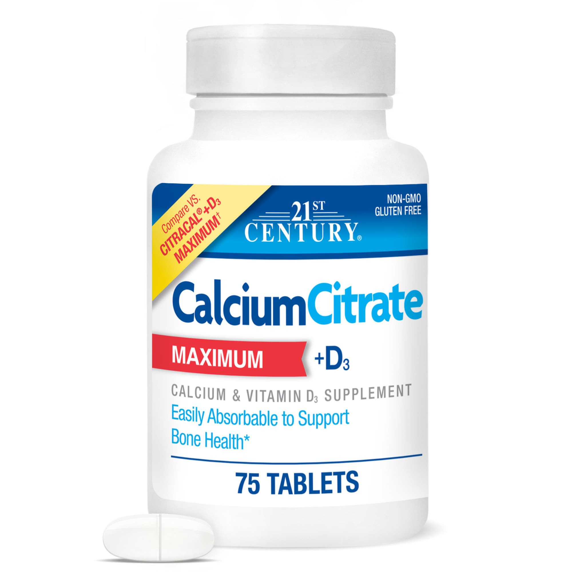 21st Century Calcium Citrate Plus D Maximum Caplets, 120 Count | Maximum-Strength Highly Absorbable Calcium Citrate with Vitamin D3, Compare VS. Citracal +D3 Maximum, Gluten Free