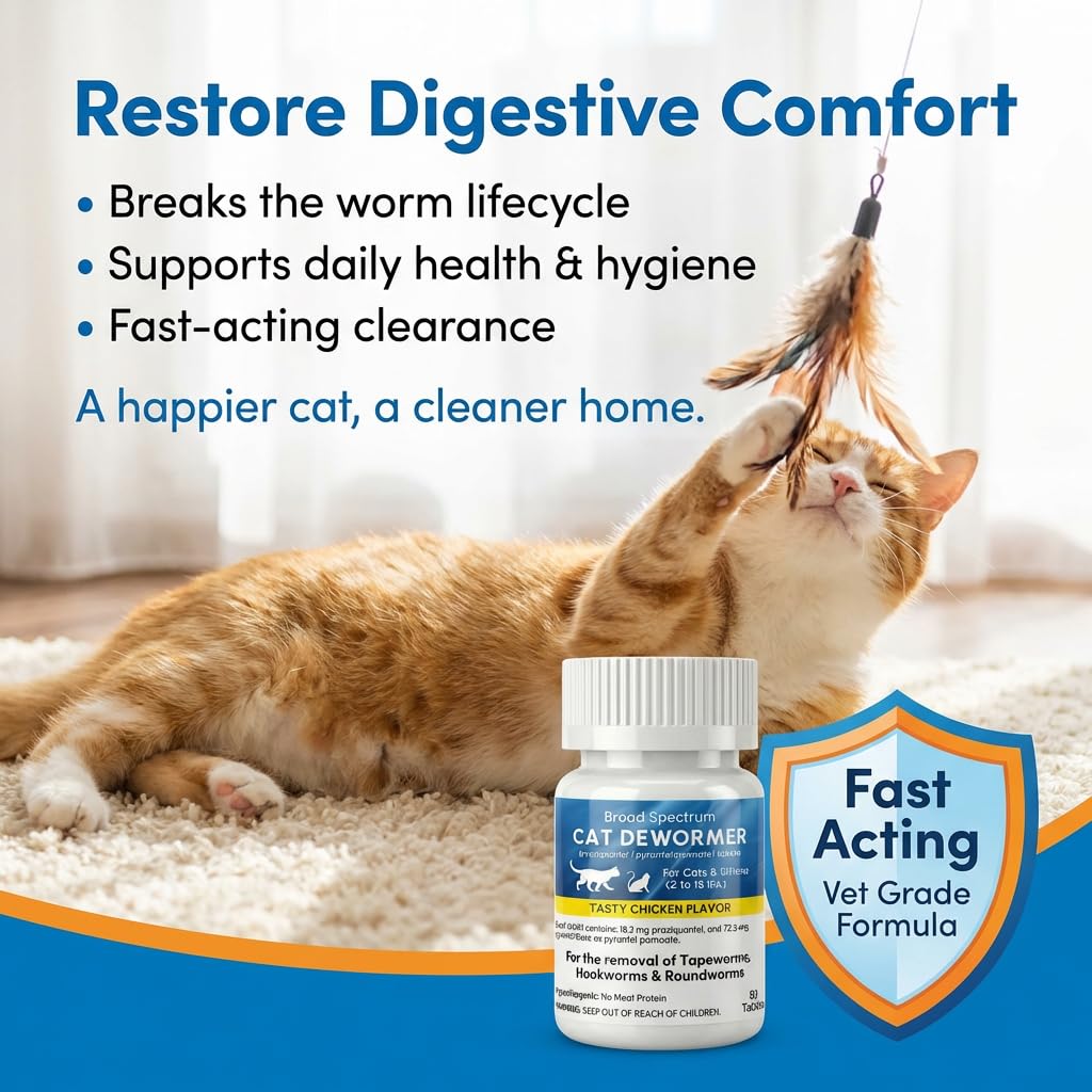 Broad Spectrum Dewormer for Cats and Kittens – Praziquantel and Pyrantel Pamoate Tablets – Removes Tapeworm, Roundworm & Hookworm – Fast Acting Formula (50 Tablets)