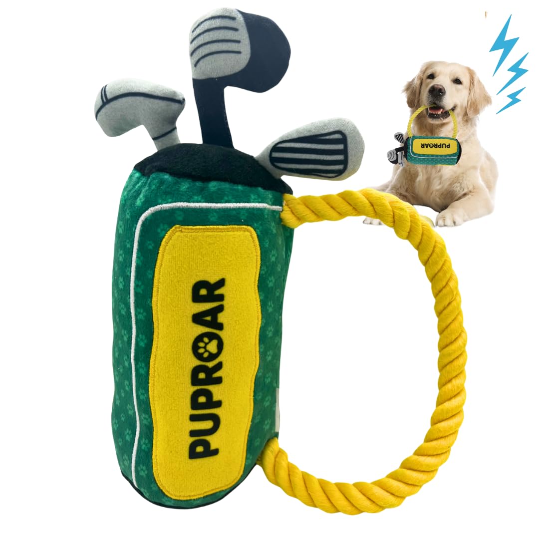 PUPROAR Golf Dog Toy, Dog Birthday Gift, Funny Squeaky Plush Rope Golf Bag Toy for Small, Medium & Large Breeds