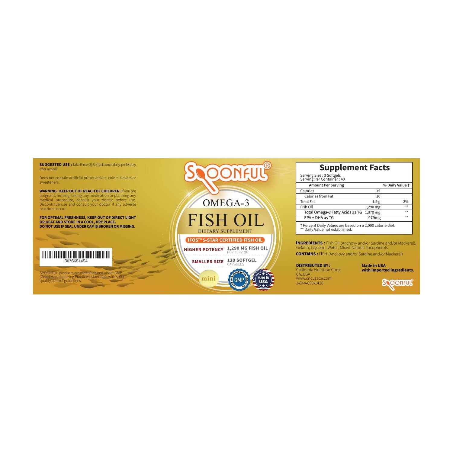 Spoonful Mini Omega 3 Fish Oil, iFOS Certified, 1290 mg Per Serving, 120 Softgels Pearls, Small Size Easy to Swallow Capsules, Made in USA