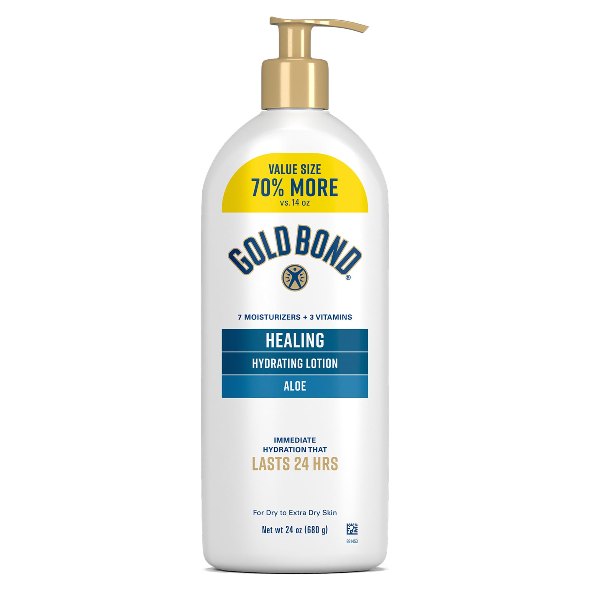Gold Bond Healing Hydrating Body Lotion with Aloe, Moisturizer for Dry to Extra Dry Skin, 24-HR Hydration to Soothe & Comfort, Non-Greasy, Dermatologist-Tested, Light Scent, 24 Oz Family Size Pump