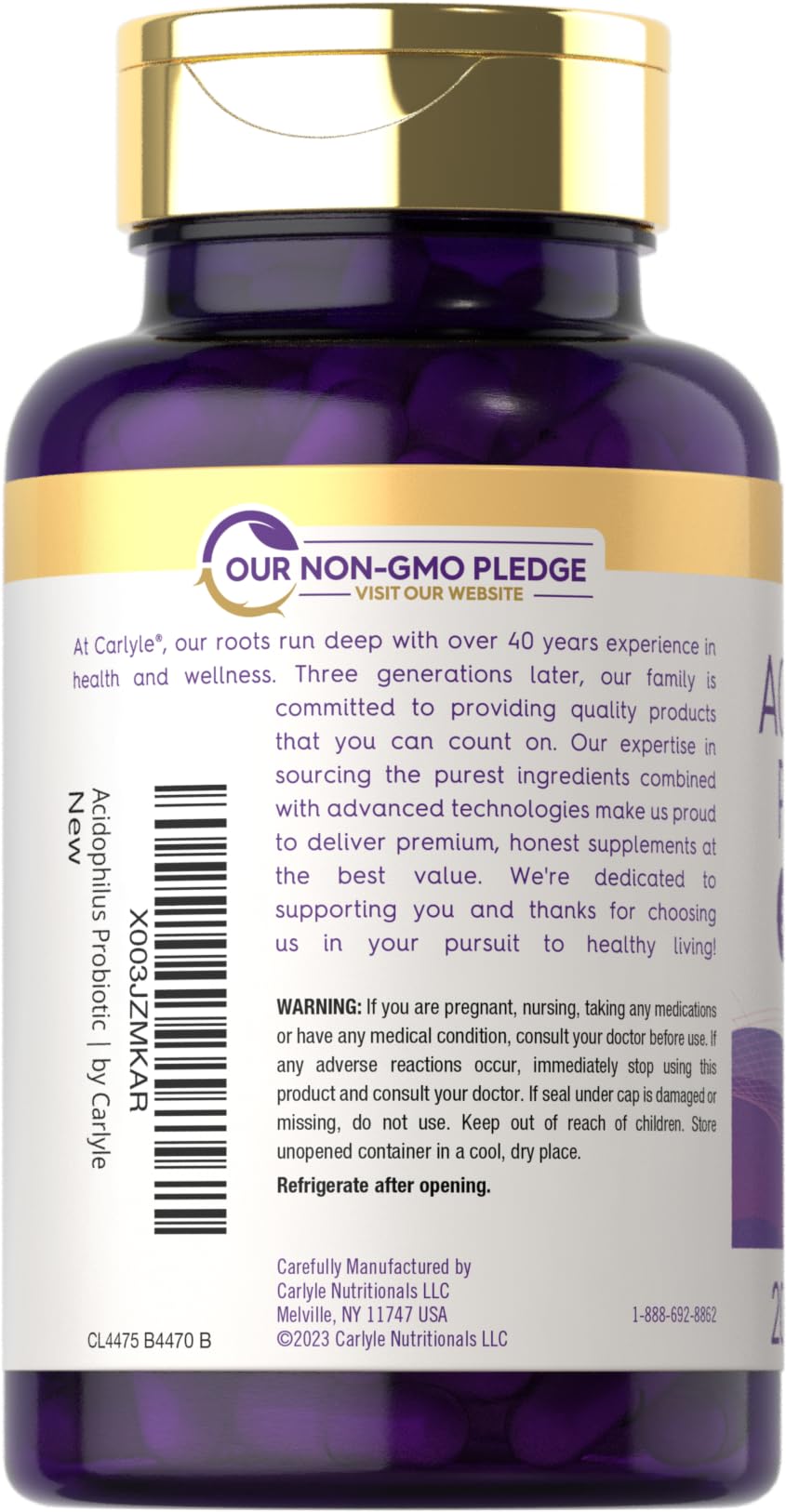 Carlyle Acidophilus Probiotic Capsules for Women and Men | 500 Million CFU