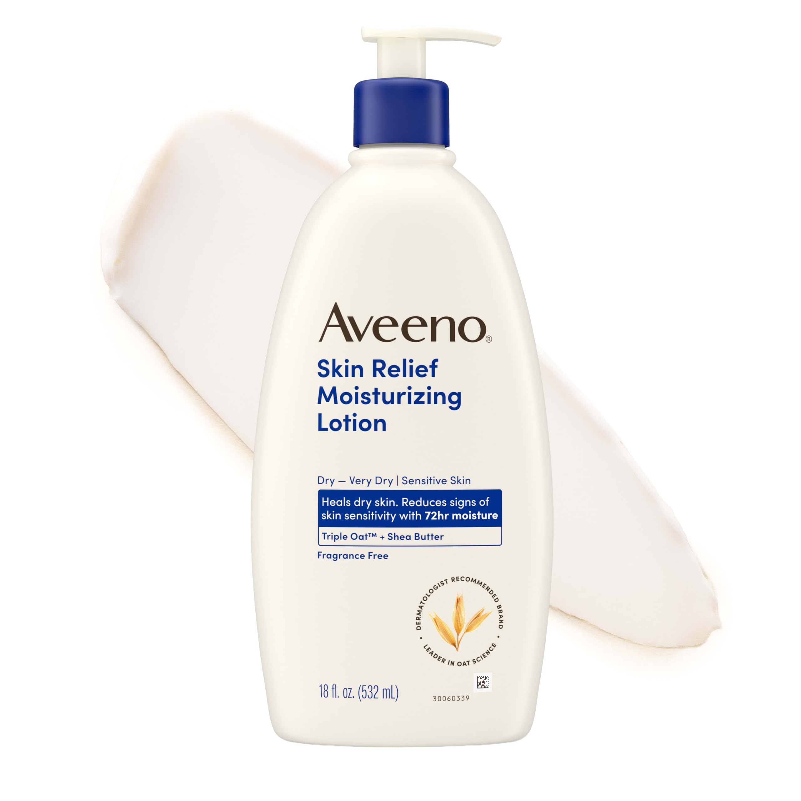 Aveeno Skin Relief Moisturizing Body Lotion Heals Very Dry, Sensitive Skin, Fast Absorbing Lotion with Soothing Triple Oat & Shea Butter Formula, Fragrance Free Lotion, Non-Comedogenic, 18 Fl Oz