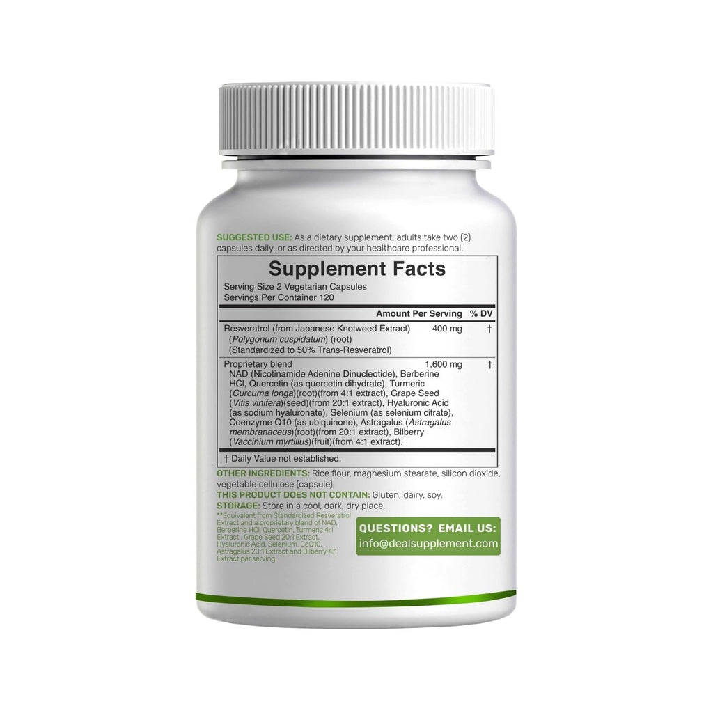 DEAL SUPPLEMENT Resveratrol Complex, 240 Veggie Capsules – Trans-Resveratrol Supplement with NAD, Quercetin, Turmeric, CoQ10, & More | Non-GMO, Gluten Free