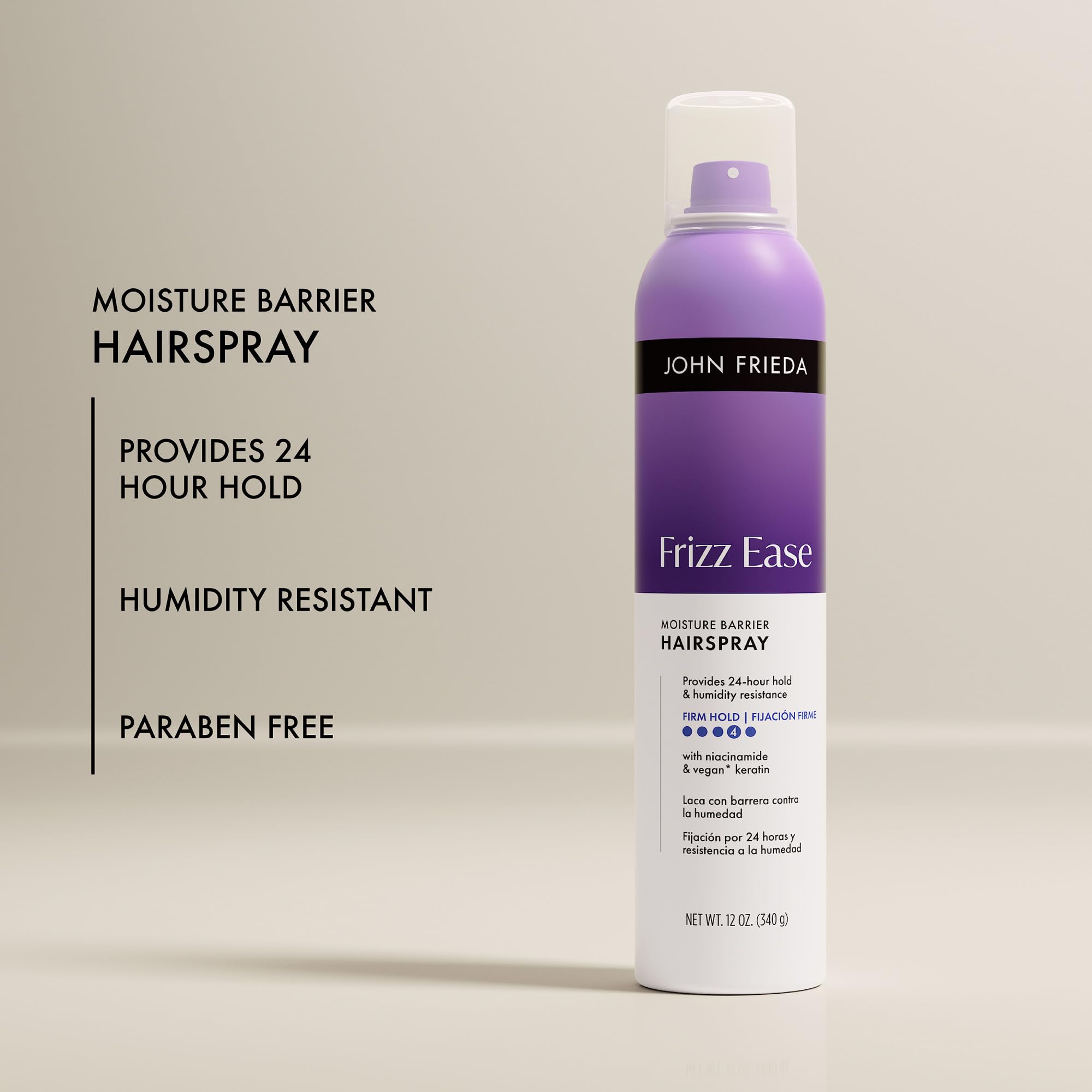 John Frieda Frizz Ease Moisture Barrier Firm Hold Hairspray, 12 oz | Anti-Frizz Hairspray, Blocks Humidity, Heat Protectant, Long-Lasting Firm Hold, Keeps Hair Straight, Frizzy Hair Control