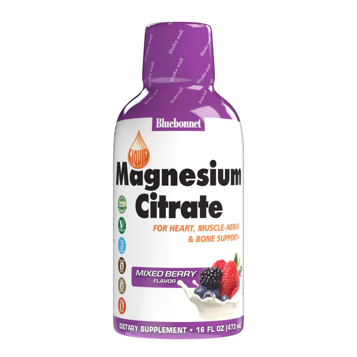 Bluebonnet Nutrition Magnesium Citrate 420 mg - Calm Mind & Body* – Supports Heart, Muscle & Sleep* - Non-GMO, Vegan, Kosher, Gluten-Free, Soy-Free, Milk-Free - 16 FL OZ, Mixed Berry Flavor