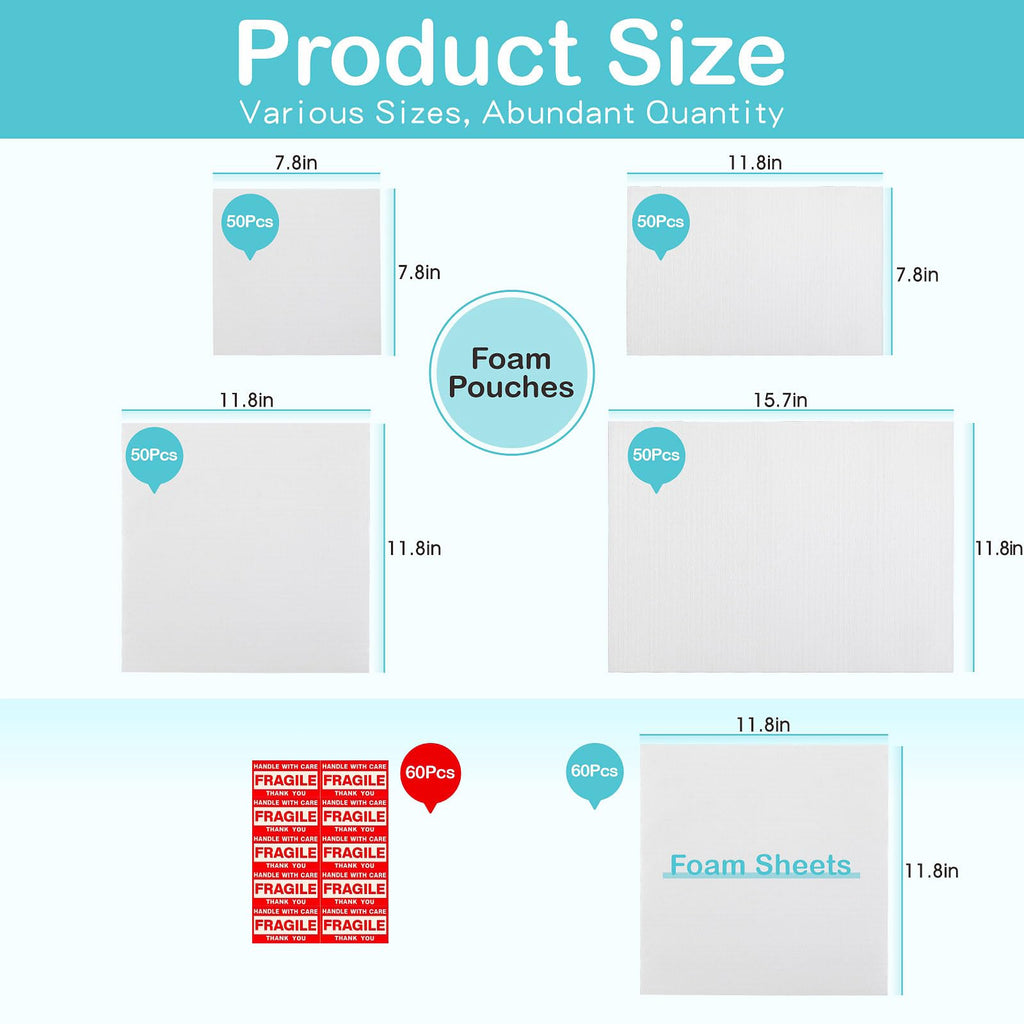 Thickened Packaging Foam Pouches and Sheets in 4 Sizes, 320 PCS with 60 Fragile Stickers, Dish Packing Supplies for Moving, Cushioning Foam Wrap for Moving Supplies