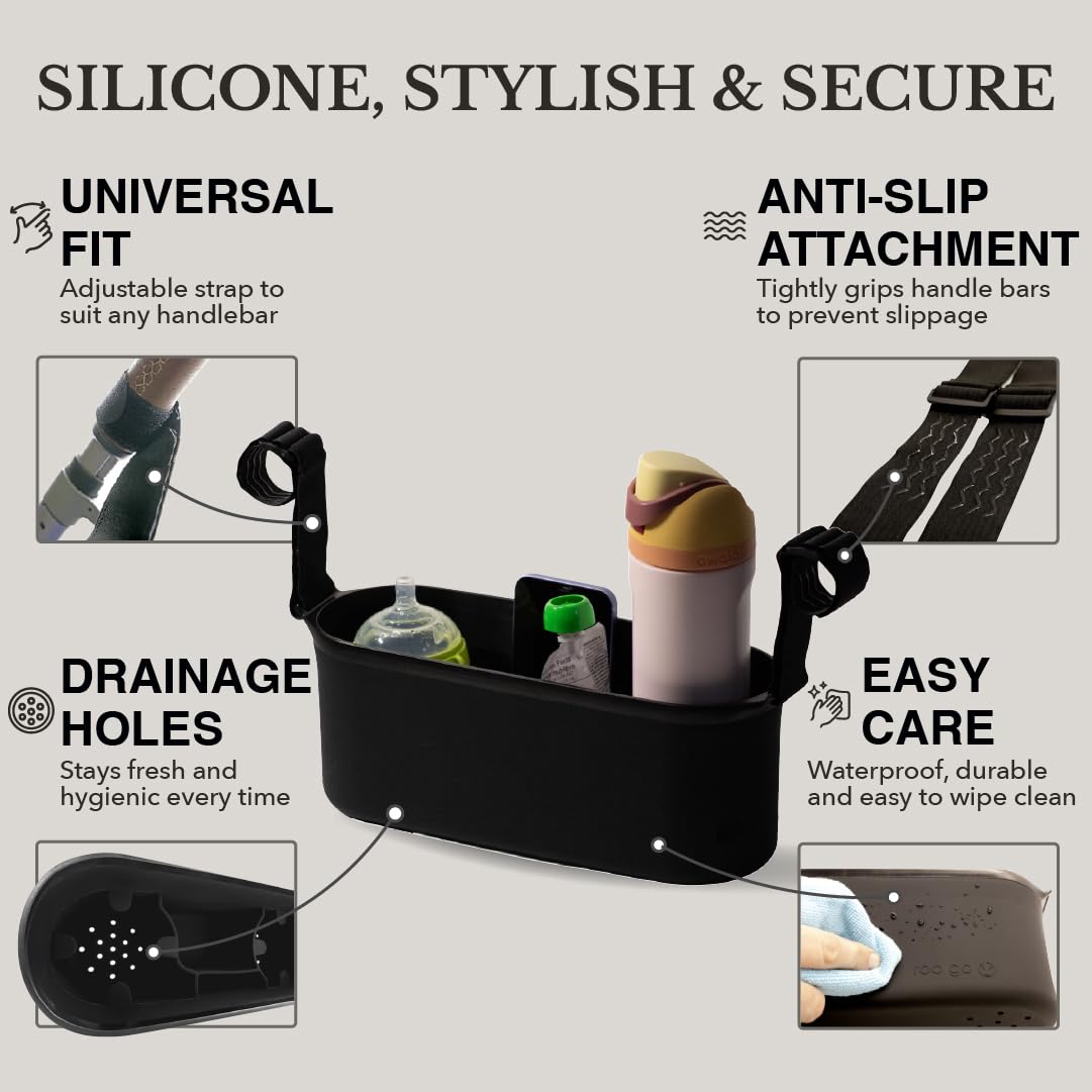 Silicone Stroller Organize, 40 oz Cup Holders, Waterproof & Easy-Clean, BPA-Free Caddy with Phone Pocket & Storage, Universal Anti-Slip Straps Fit UPPAbaby, Bugaboo, Nuna, Doona & Most Strollers