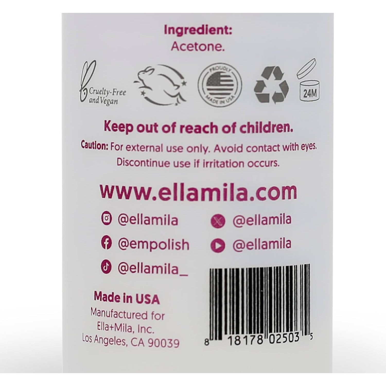 ella+mila 100% Pure Acetone Nail Polish Remover for Acrylic & Gel, 8 fl oz
