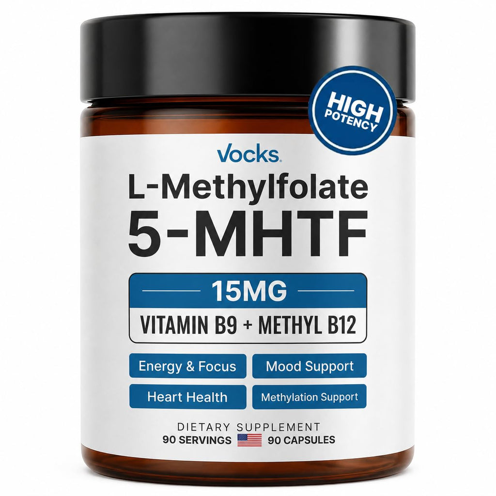 Vocks L Methylfolate 15mg | 5-MTHF + Methyl B12 | High Potency Methylfolate Supplement | Active Methylated Folate Vitamin B9 | MTHFR Supplement| Folate Supplement for Women & Men | 90 Capsules