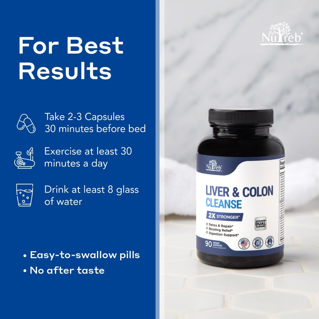 Nutreb Liver & Colon Cleanse - 2X Stronger - Liver Cleanse Detox & Repair - Colon Cleanser & Detox - Premium Milk Thistle Supplement - Men & Women - Vegan 90 Capsules