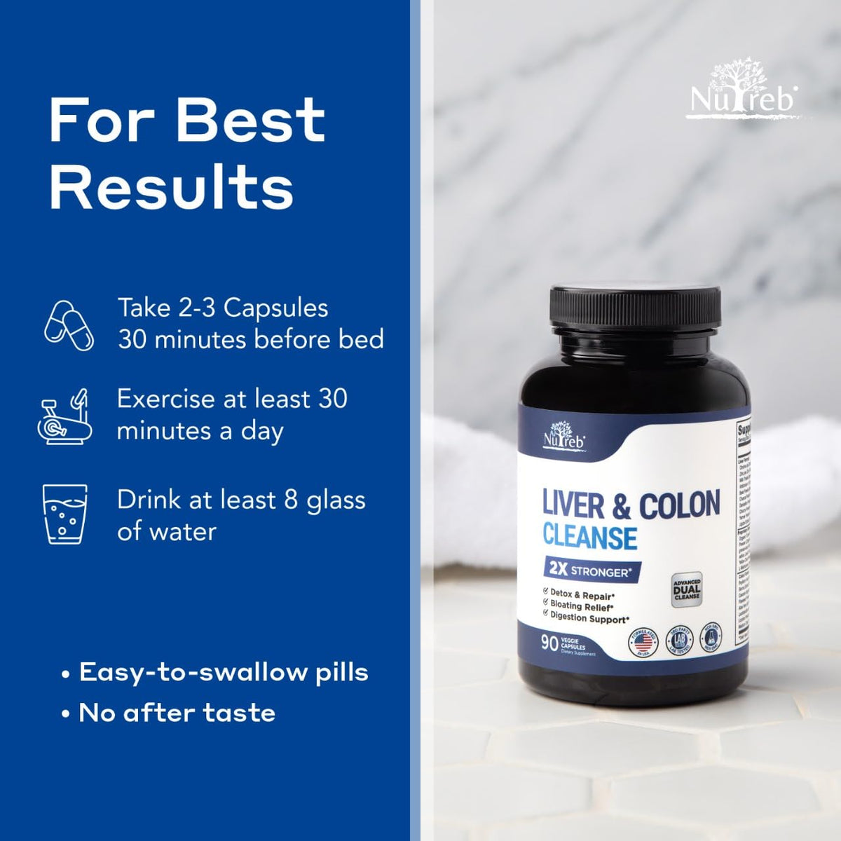 Nutreb Liver & Colon Cleanse - 2X Stronger - Liver Cleanse Detox & Repair - Colon Cleanser & Detox - Premium Milk Thistle Supplement - Men & Women - Vegan 90 Capsules