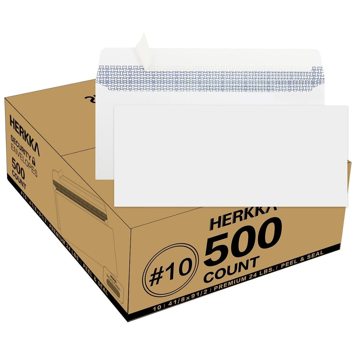 HERKKA #10 Security Self-Seal Envelopes, No.10 Windowless Bussiness Envelopes, Security Tinted with Printer Friendly Design - Size 4-1/8 x 9-1/2 Inch - White - 24 LB - 500 Pack