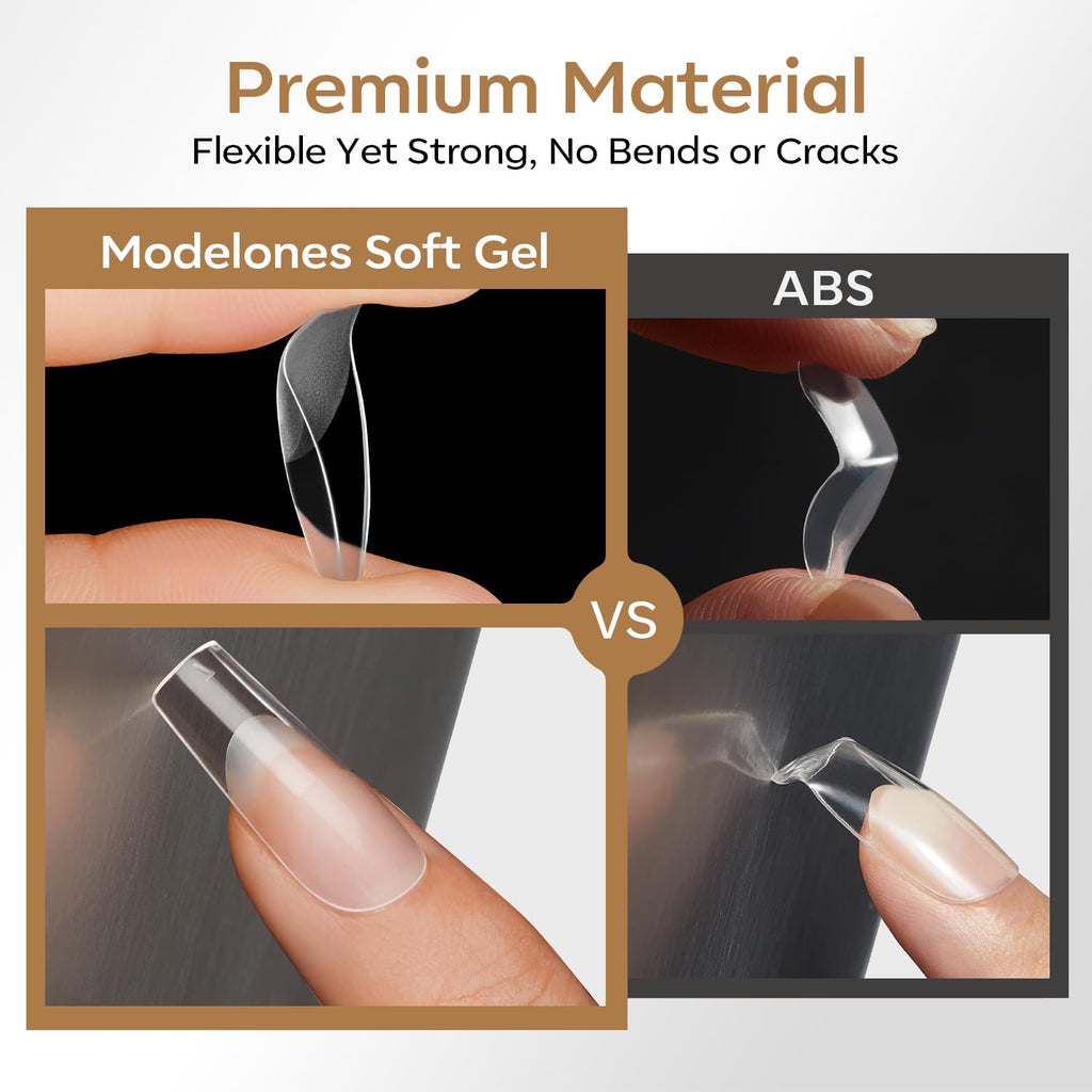 Premium Modelones short almond nail tips, 360pcs in flexible soft gel and sturdy ABS, perfect for durable nail art.