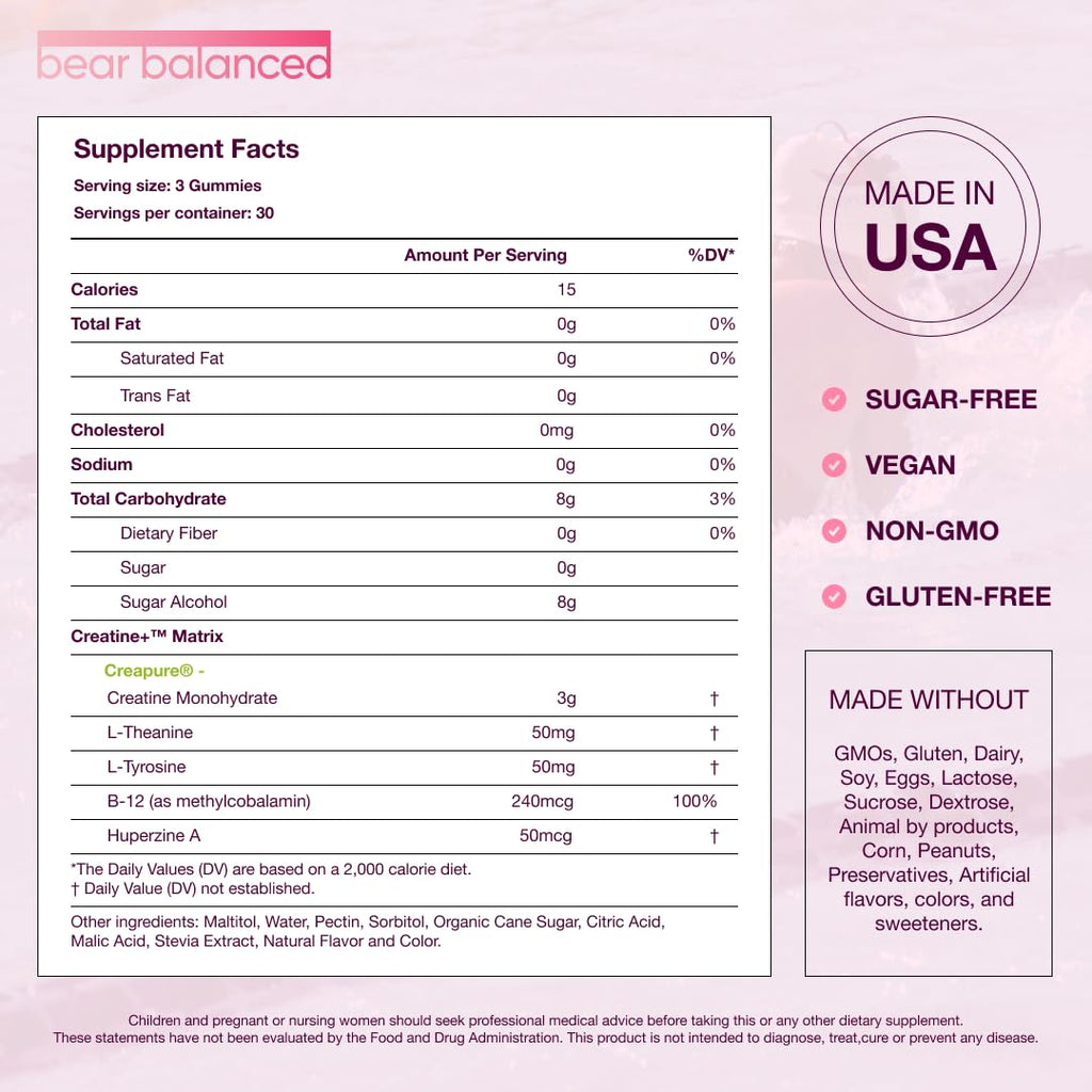 Bear Balanced Creatine Gummies for Men & Women - Creapure® Creatine Monohydrate, L-Theanine, L-Tyrosine & B12 for Muscle Growth, Strength, Focus, Energy & Health - Low Calorie, Sugar-Free, & Vegan