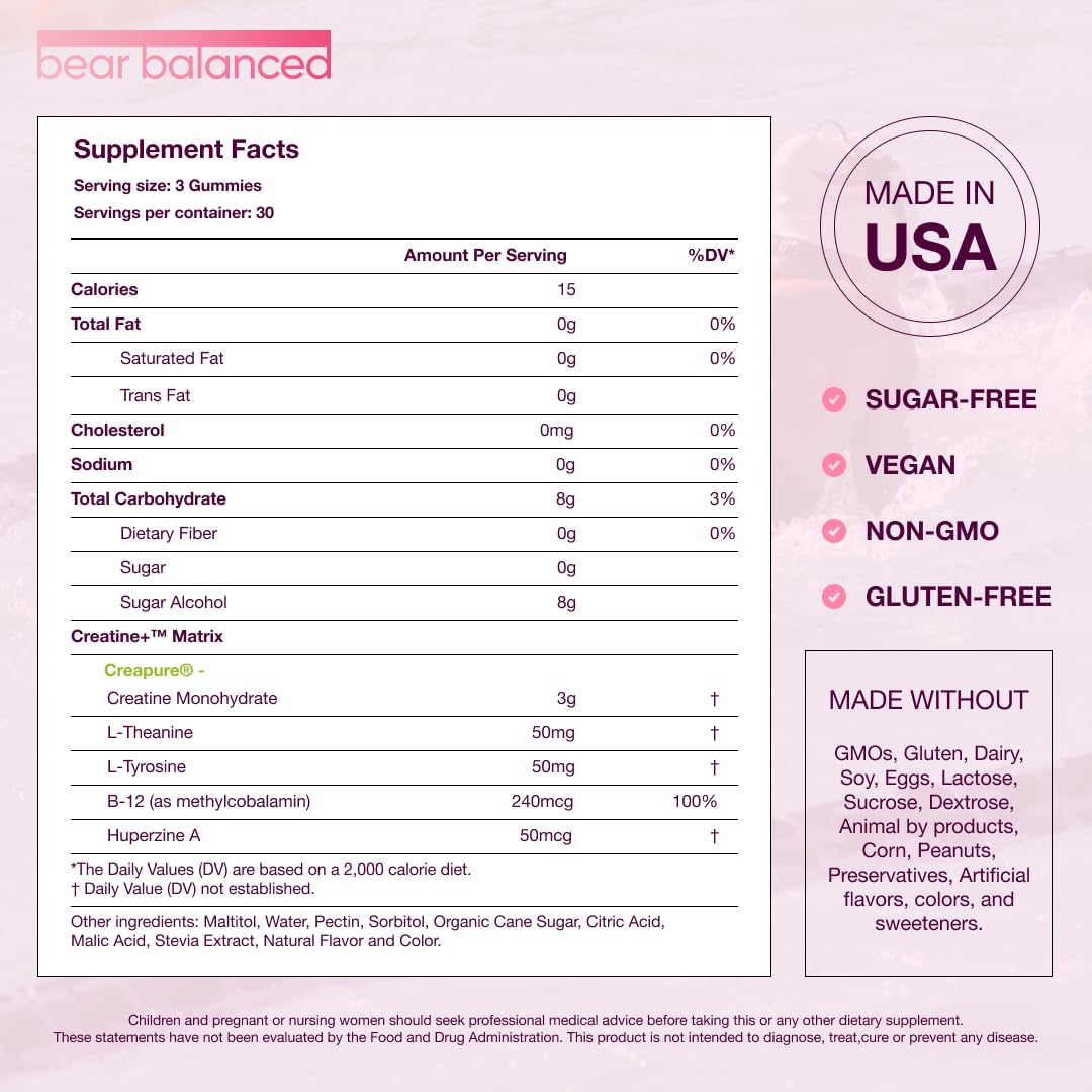 Bear Balanced Creatine Gummies for Men & Women - Creapure® Creatine Monohydrate, L-Theanine, L-Tyrosine & B12 for Muscle Growth, Strength, Focus, Energy & Health - Low Calorie, Sugar-Free, & Vegan