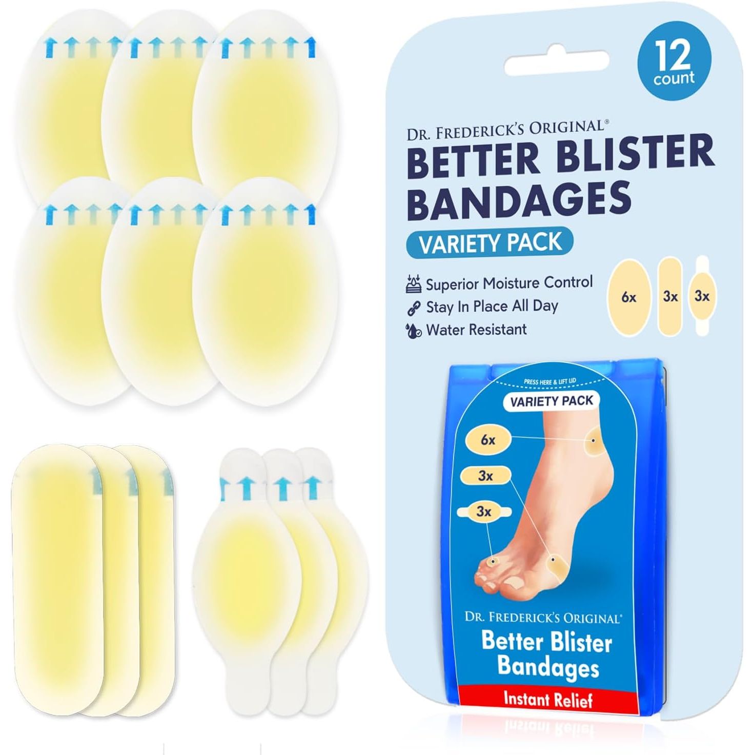 Buy now Dr. Frederick's Original Better Blister Bandages - 12ct - Water Resistant - 40% More Cushioning - Hydrocolloid Bandages for Foot, Toe, & Heel - Blister Pads for Prevention & Recovery - Variety Pack Variety Pack - 12 count at indiglob india