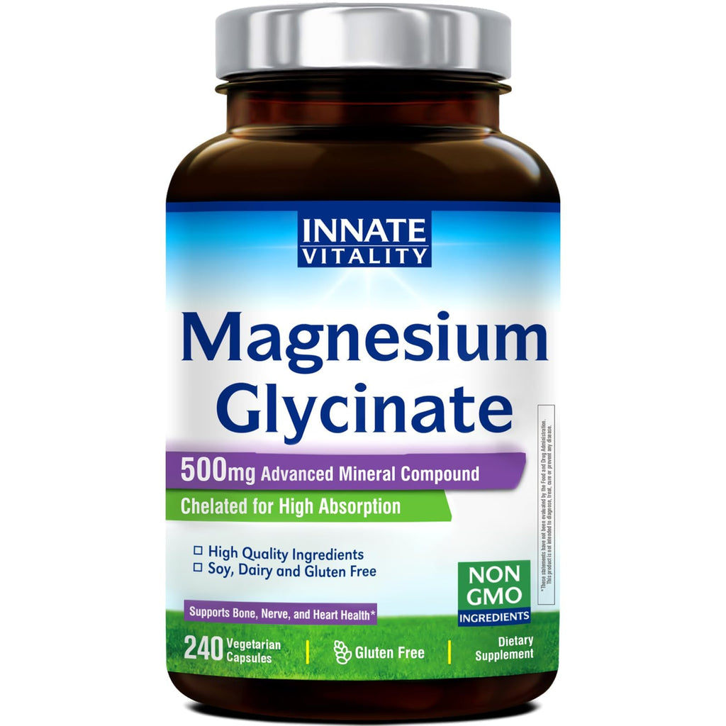 Innate Vitality Magnesium Glycinate 500mg | 70mg Elemental Magnesium Supplement - High Absorption, Non Buffered, Non-GMO & No Gluten - Vegan - Nerve Health - 60 Capsules (Pack of 1)