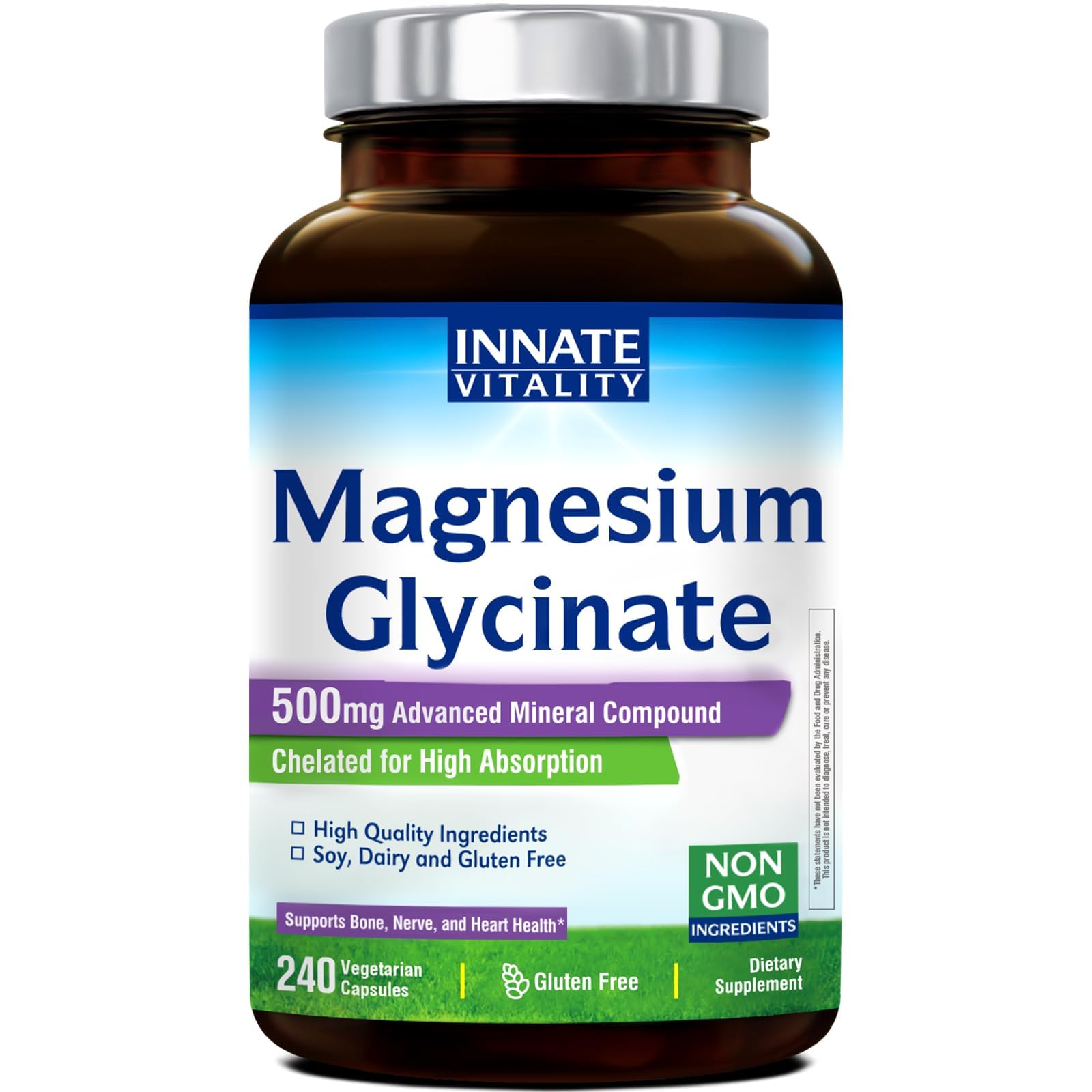 Innate Vitality Magnesium Glycinate 500mg | 70mg Elemental Magnesium Supplement - High Absorption, Non Buffered, Non-GMO & No Gluten - Vegan - Nerve Health - 60 Capsules (Pack of 1)