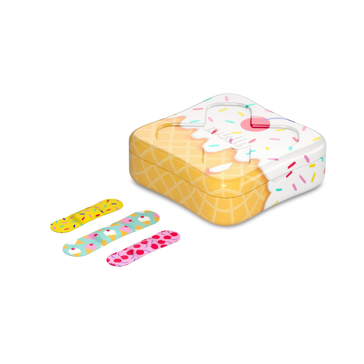 Welly Bandages | Adhesive Flexible Fabric Bravery Badges | Assorted Shapes for Minor Cuts, Scrapes, and Wounds | Colorful and Fun First Aid Tin | Ice Cream Patterns - 48 Count