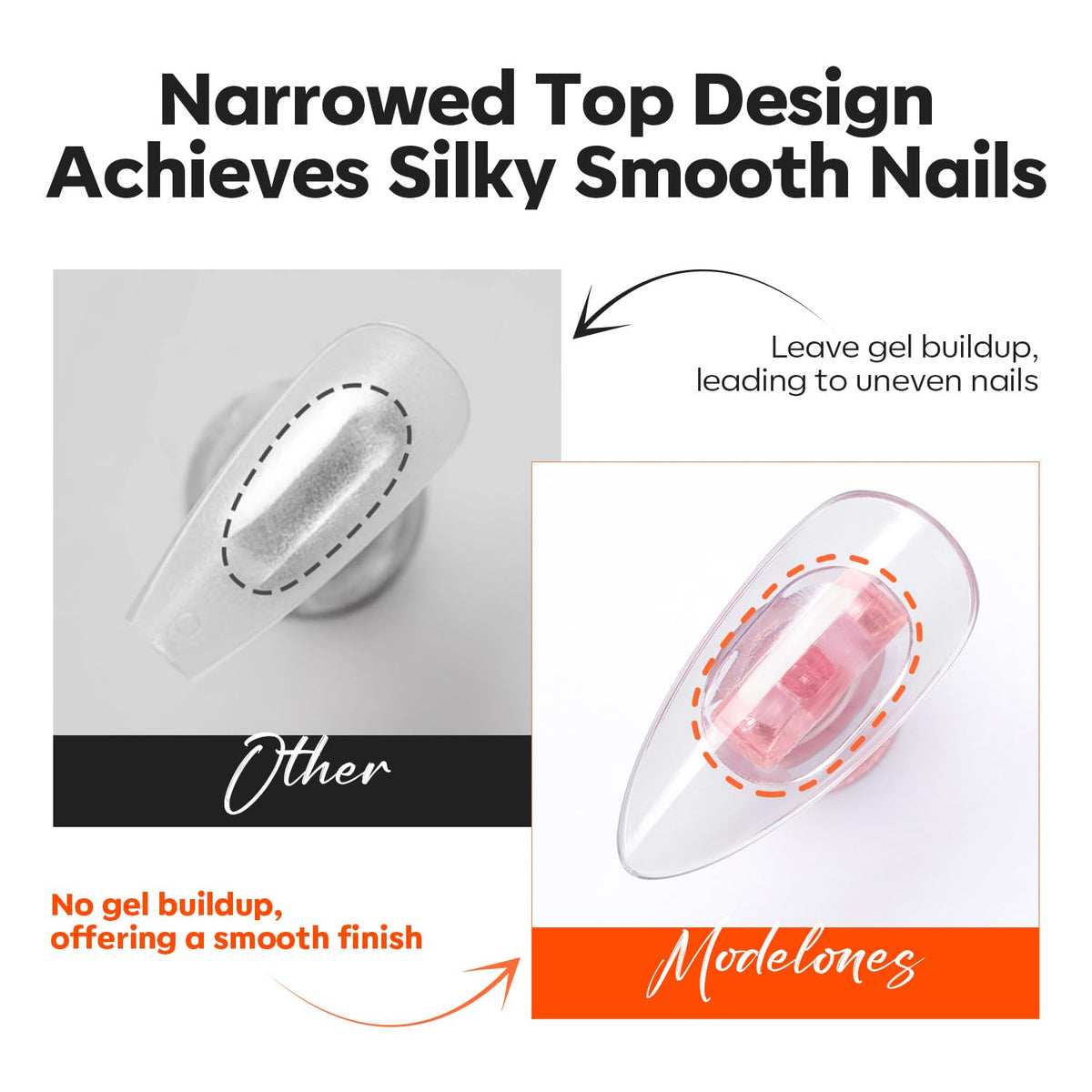 Modelones Short Almond Nail Tips feature a narrowed top design to ensure smooth application. Available for online order.