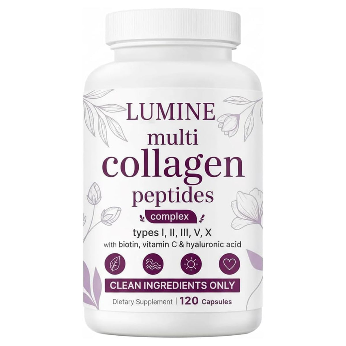 LUMINE Multi Collagen Complex Capsules, Collagen Peptides, Non-GMO Ingredients,Free from Gluten and Soy. Vegan-Friendly, 120Capsules / 60 Servings