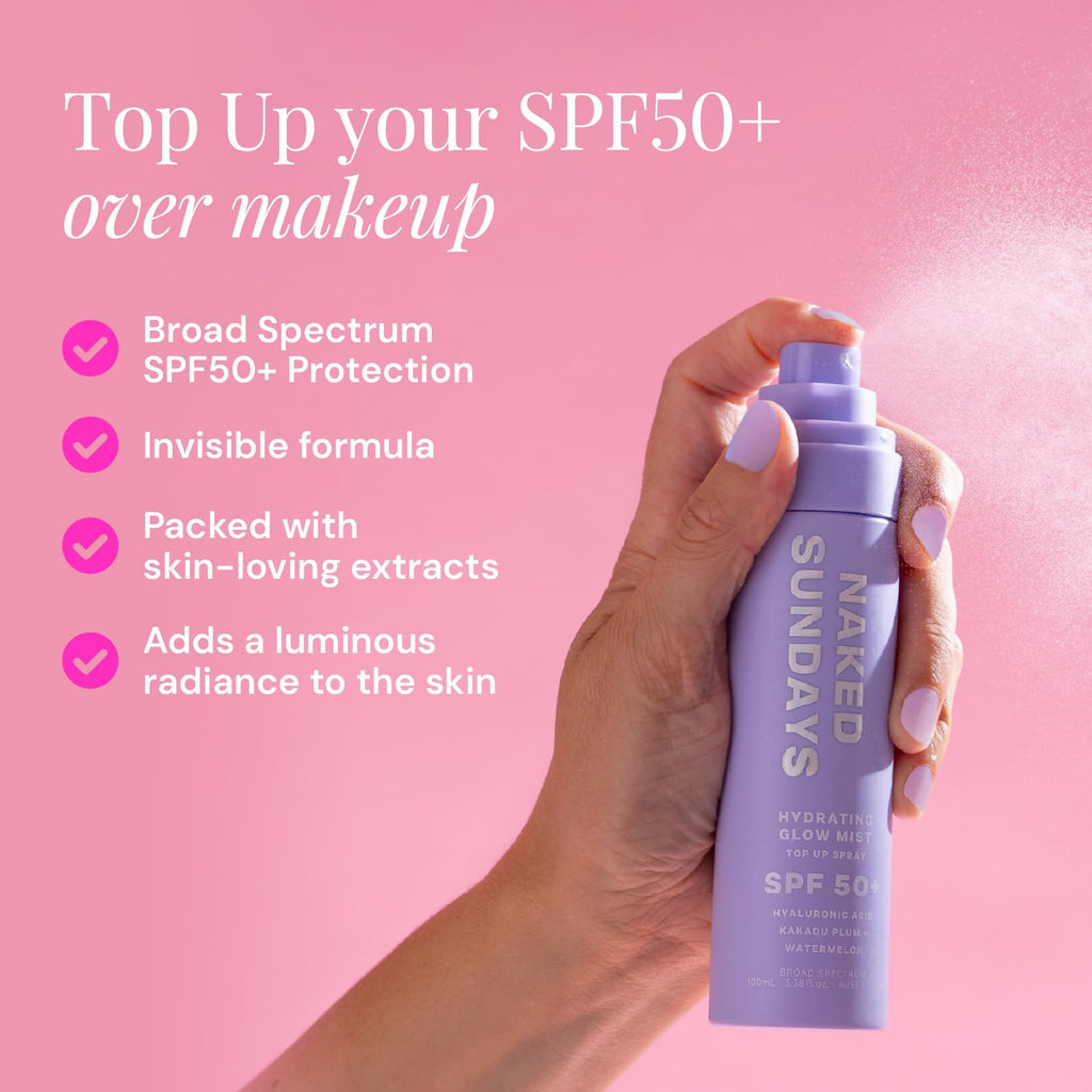 Naked Sundays SPF 50 Hydrating Glow Sunscreen Mist for Face, 75ml | No White Cast, makeup setting spray with Hyaluronic Acid, Vitamin E, Kakadu Plum, Non-Greasy, Vegan & Cruelty-Free