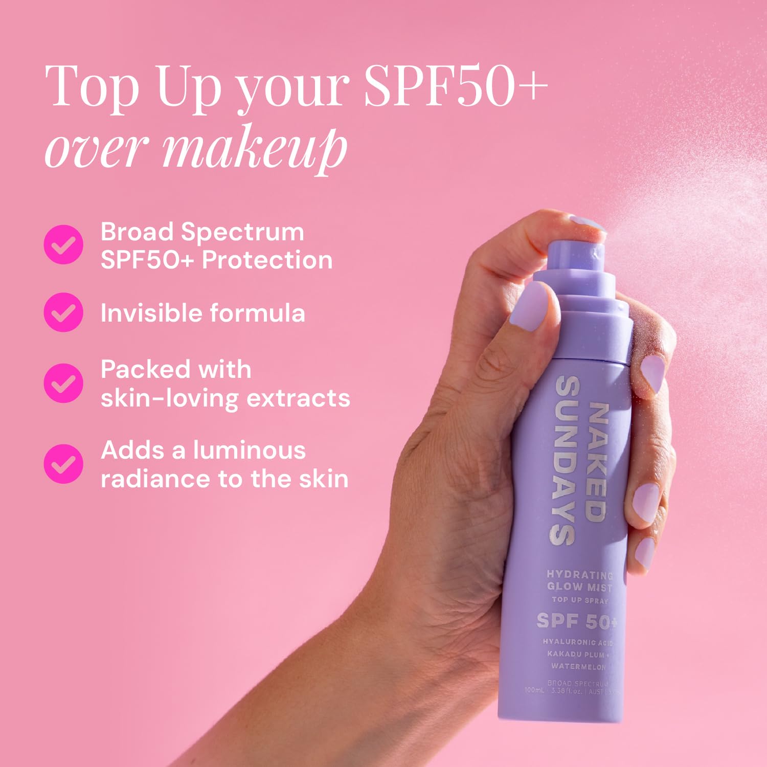 Naked Sundays SPF 50 Hydrating Glow Sunscreen Mist for Face, 75ml | No White Cast, makeup setting spray with Hyaluronic Acid, Vitamin E, Kakadu Plum, Non-Greasy, Vegan & Cruelty-Free