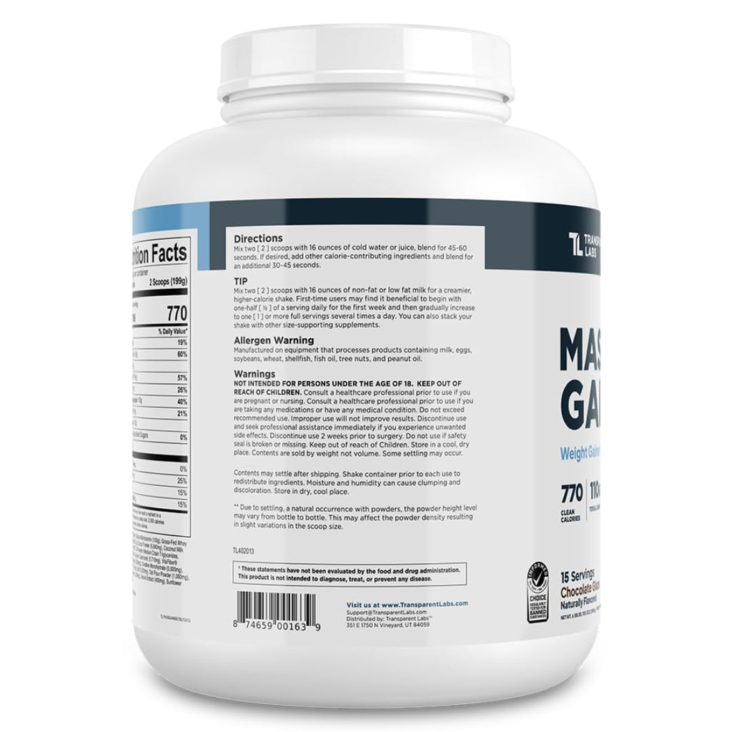 Transparent Labs Mass Gainer Protein Powder - Naturally Flavored Grass-Fed Whey w/ 53g Protein, 110g Carbs, High-Calorie Powder for Muscle Gain & Recovery, 3g Creatine - 15 Servings, Chocolate Glaze