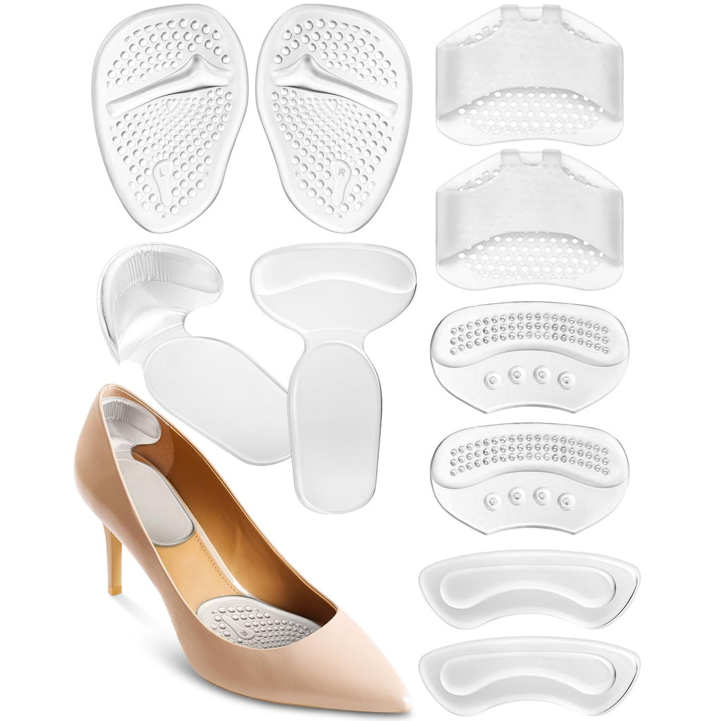 10PCS High Heel Comfort Pad Inserts, Silicone Shoe Cushion Insoles Heel Grips Liner Metatarsal Pads for Women Shoes Too Big, Prevent Rubbing Blisters, Self Adhesive, Clear