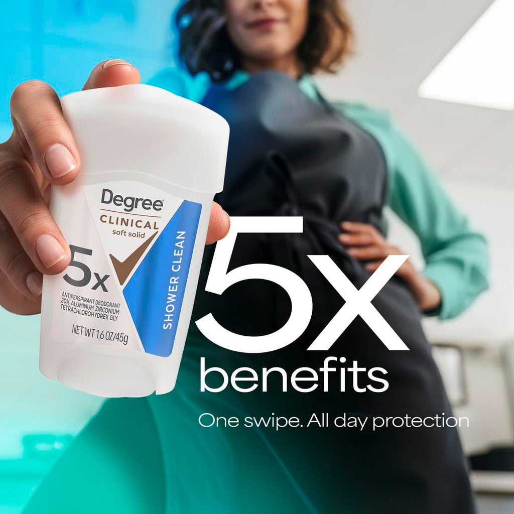 Degree Clinical Antiperspirant Deodorant Soft Solid, Shower Clean, 1.7 oz | For stress sweat, Helps keep you dry & confident, With 96H protection, soft solid