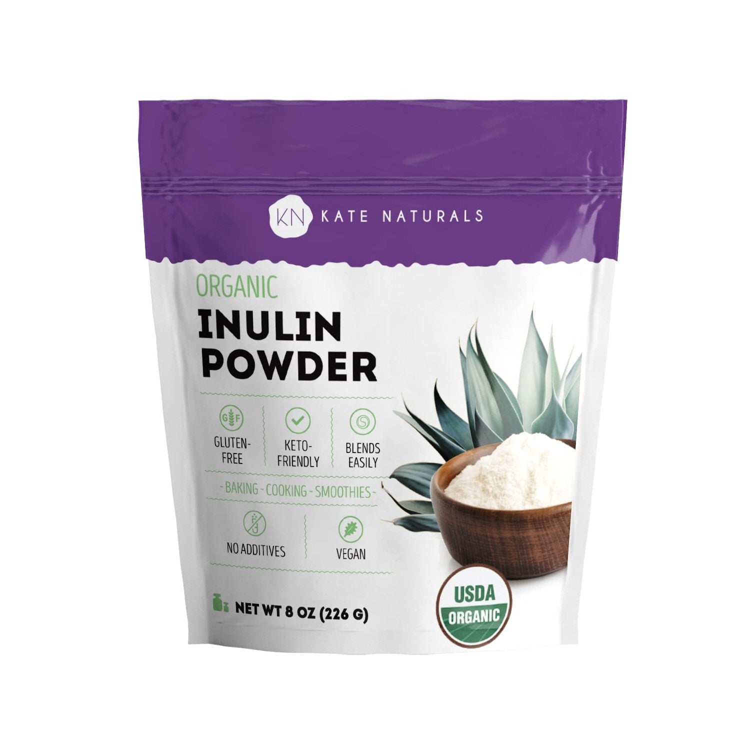 Kate Naturals Inulin Powder Organic from Blue Agave (8oz) | Soluble Prebiotic Fiber for Coffee, Yogurt & Smoothies