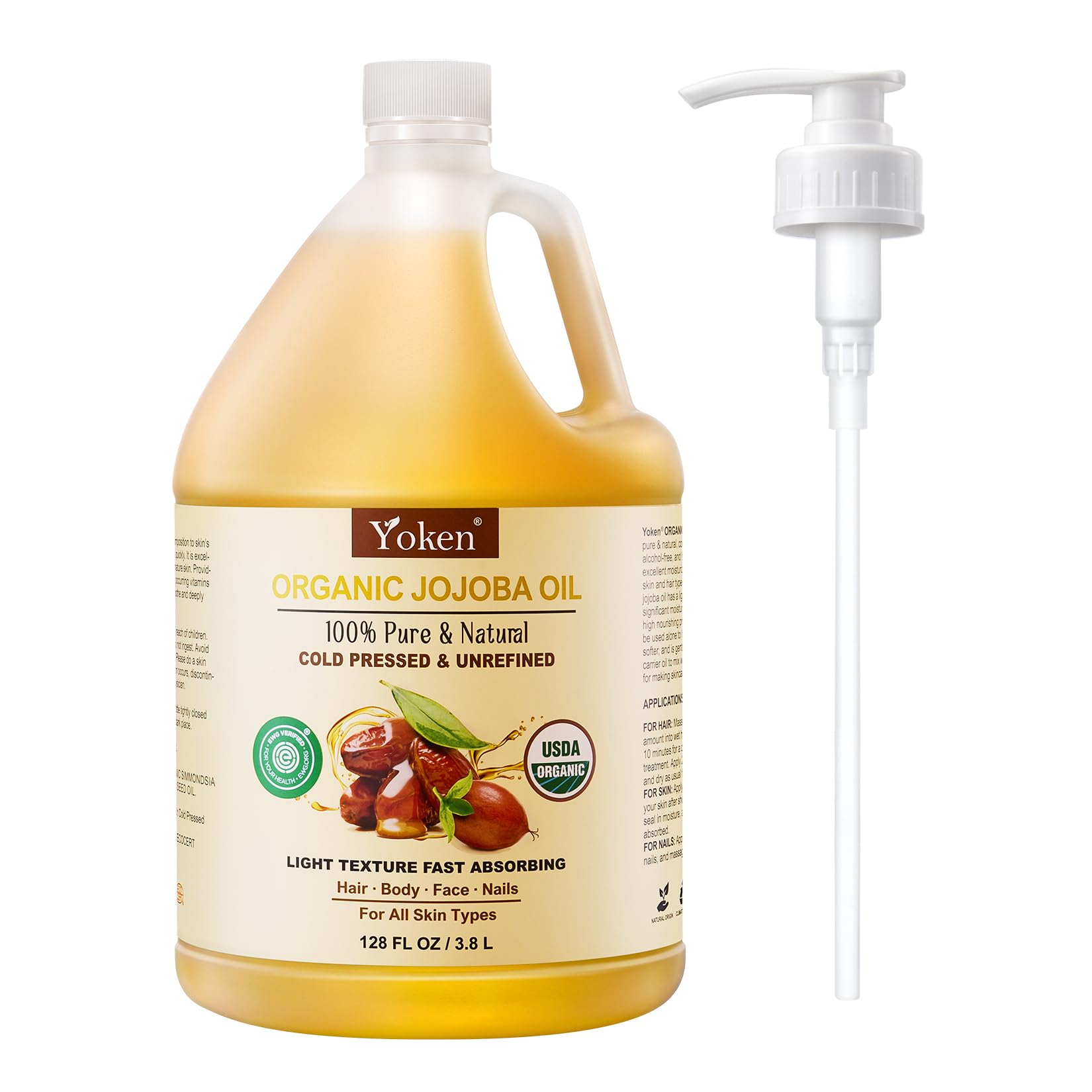 Yoken Organic Jojoba Oil 16oz, USDA Certified Cold Pressed for Skin Care | Cold Pressed Body Oil Women After Shower Unscented Carrier Massage Moisturizer Hydrating Nourishing Essential Mixing