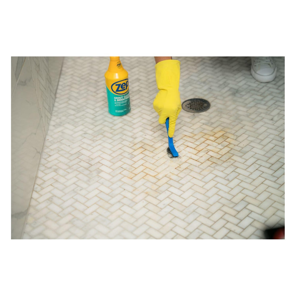 Zep Grout Cleaner and Brightener and Easy to Use Handheld Brush - 32 oz (Case of 2) - ZU104632 - Deep Cleaning Formula Removes Old Stains From Grout