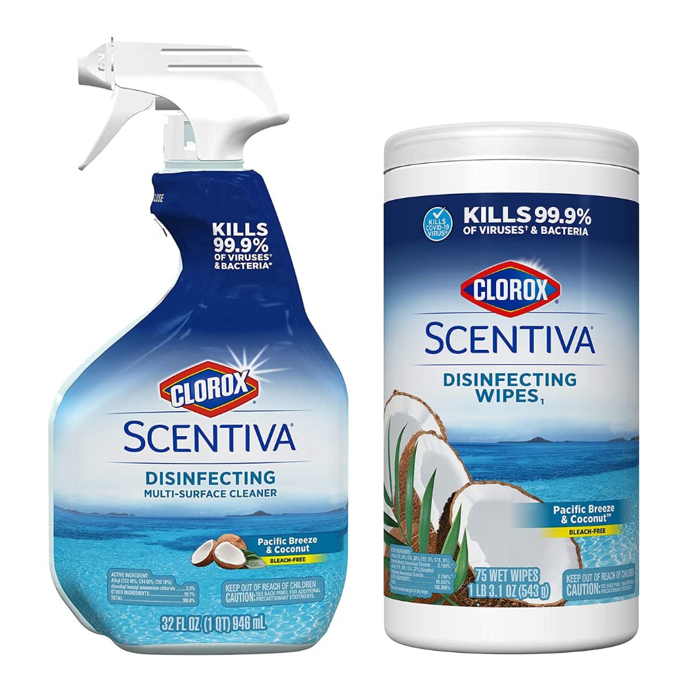 Buy now Clorox Scentiva Disinfecting Multi-Surface Cleaner Spray & Disinfecting Wipes, Pacific Breeze & Coconut Scent - Bundle of 2 Items at indiglob india