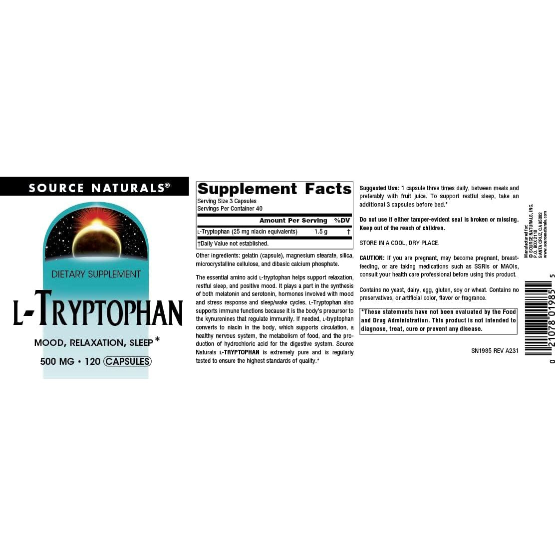 Buy now Source Naturals L-Tryptophan, for Mood, Relaxation, and Sleep*, 500mg - 120 Capsules at indiglob india