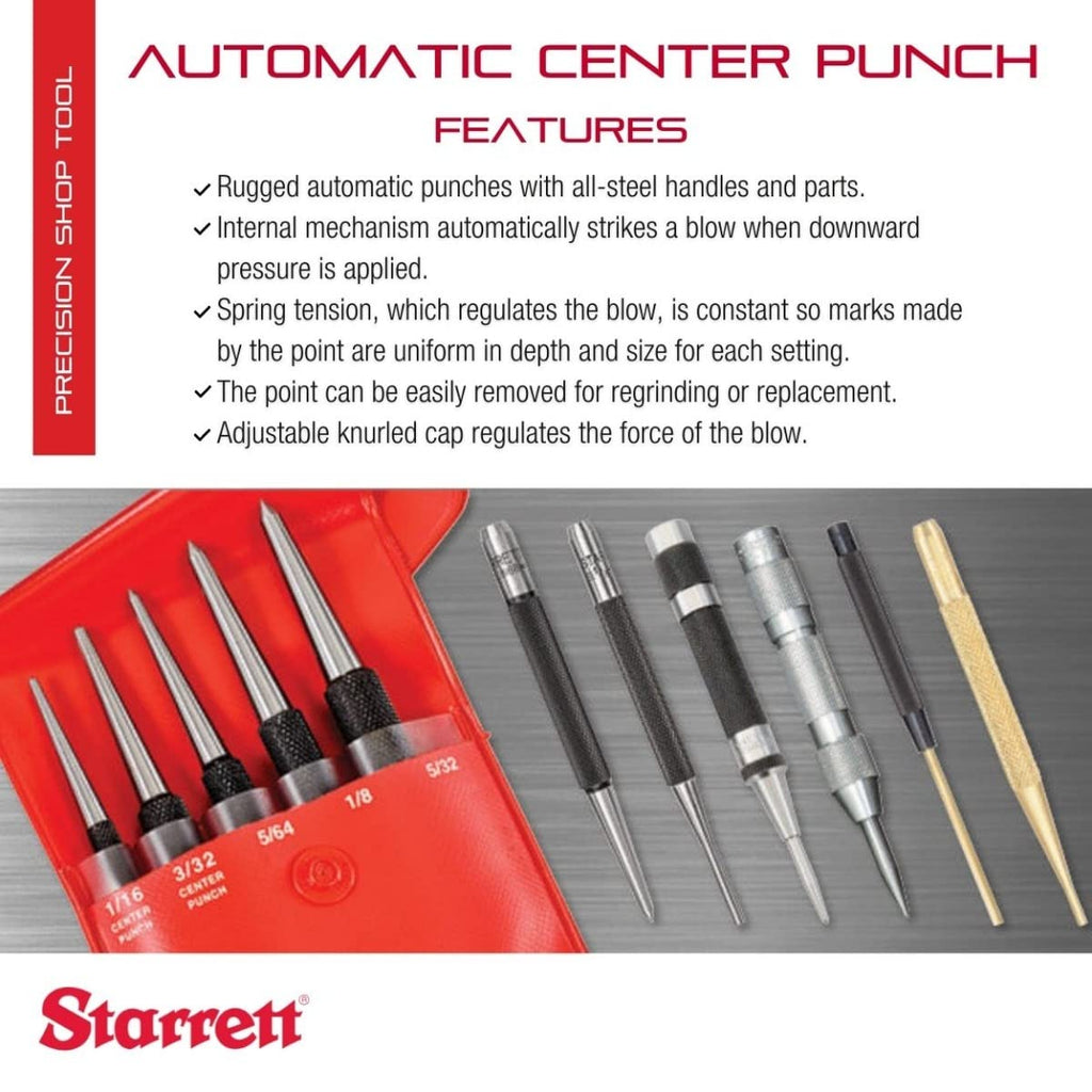 Buy now Starrett Steel Automatic Center Punch with Adjustable Stroke - 5" Length, 9/16" Punch Diameter, Lightweight, Knurled Steel Handle - 18A at indiglob india
