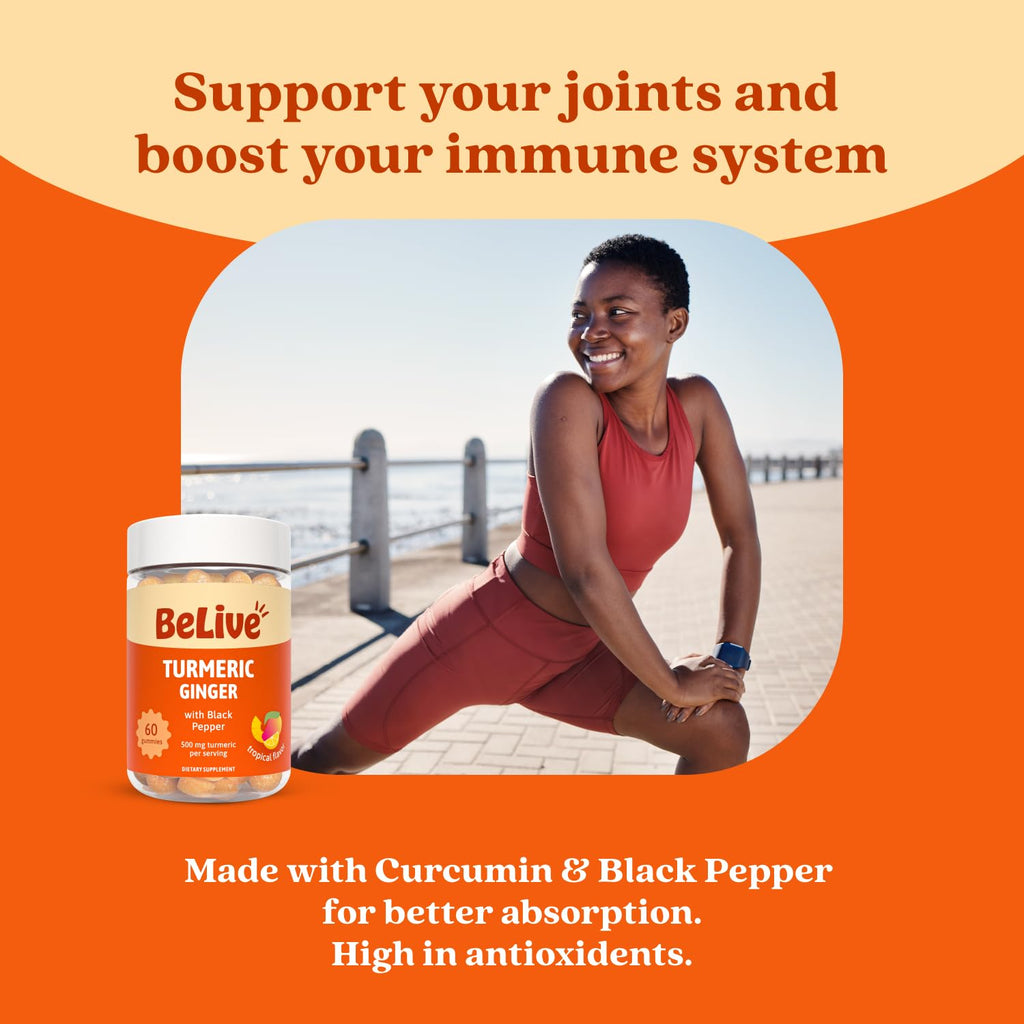 BeLive Turmeric and Ginger Gummies for Joint and Mobility Support 120 Count | 500mg Turmeric Curcumin Supplement with Black Pepper for Enhanced Absorption, Immune & Antioxidant Support, Tropical Flavor