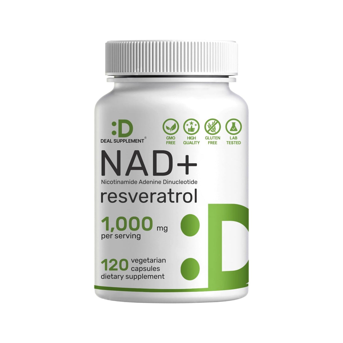 NAD+ Resveratrol Supplement 1,000mg Per Serving, 120 Veggie Capsules | 2-in-1 Extra Strength NMN Supplement Alternative | NAD Supplements for Women & Men | Non-GMO, Gluten Free