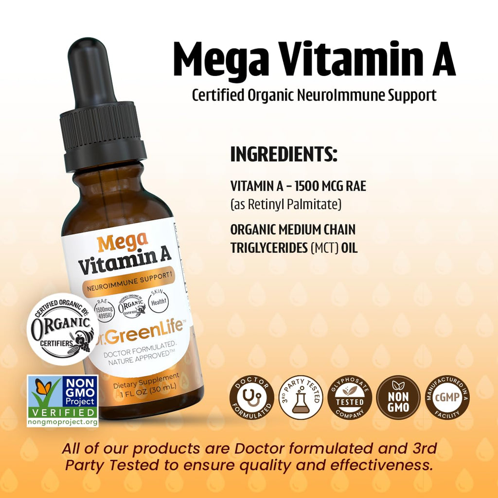 Dr. Green Mom Mega Vitamin A Liquid Drops | 1500 mcg RAE Per 1 Drop, 1180 Servings Per Bottle | Certified Organic, Non-GMO in Organic MCT Oil | Retinyl Palmitate | Infants, Kids & Adults | 1 fl oz