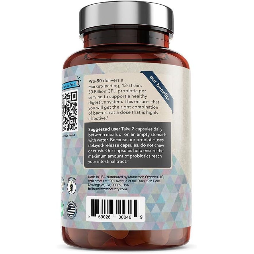 Buy now Vitamin Bounty Pro-50 Probiotics 50 Billion CFU for Women & Men - 13 Multi Strain Probiotic + Prebiotic - Digestive Health Supplements for Gut Health Support - Delayed Release Capsules for Men & Women at indiglob india