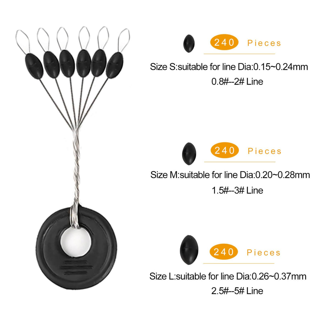 Lavie&Camus 720PCS Fishing Bobber Stopper, Oval Floats Sinker Stops, 6 in 1 Black Rubber Bobber Stops, L M S Size Float Stop Kit