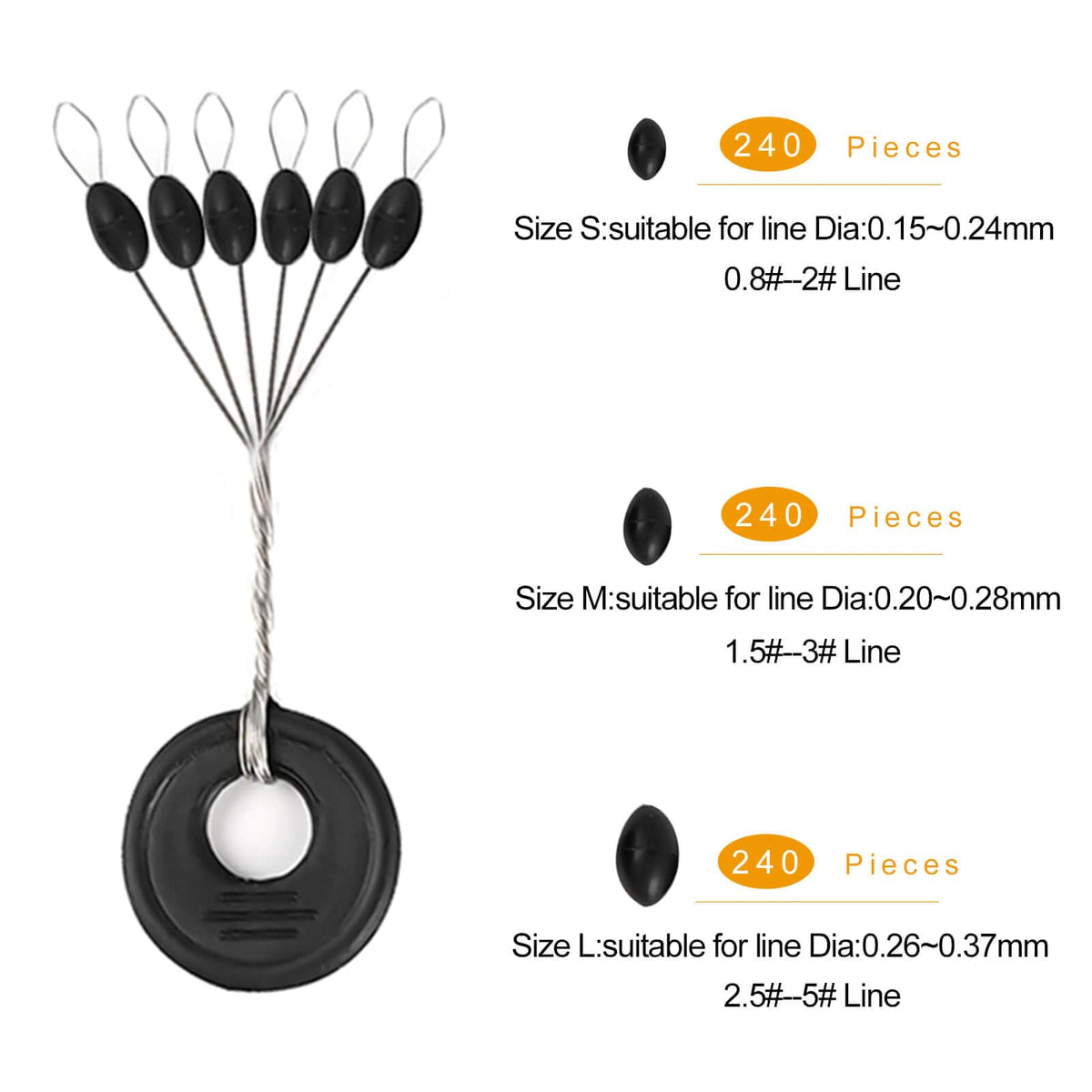 Lavie&Camus 720PCS Fishing Bobber Stopper, Oval Floats Sinker Stops, 6 in 1 Black Rubber Bobber Stops, L M S Size Float Stop Kit