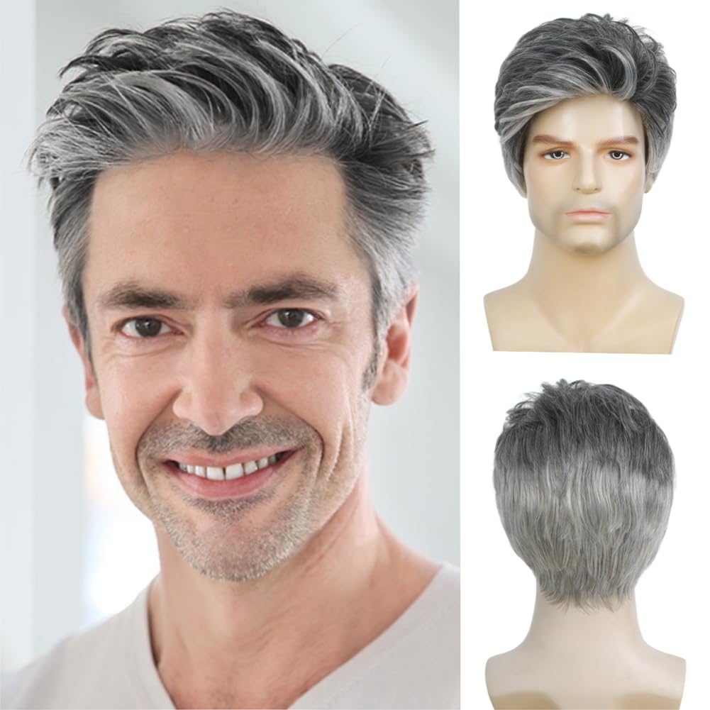 Buy now Kaneles Short Curly Mens Black Wig Fluffy Synthetic Cosplay Halloween Hair Wig for Male Guy Natural Grey at indiglob india